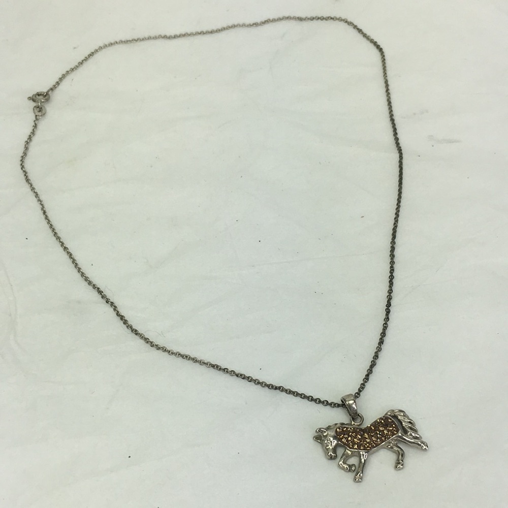 Show horse with fancy crystal saddle silver tone 18" chain